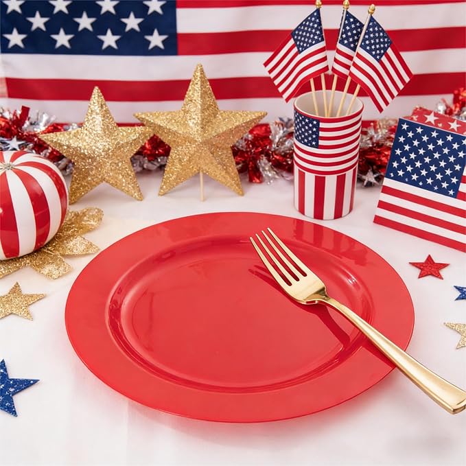FLOWERCAT 60PCS Red Plastic Plates - Heavy Duty Red Plates Disposable for Party - Include 30PCS 10.25inch and 30PCS 7.5inch for 30 guests Birthday Party & Events &4th of July