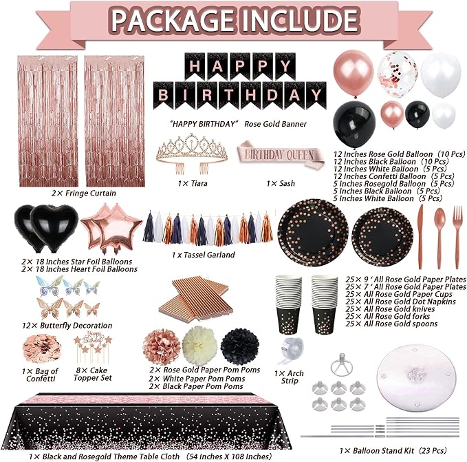 Guudmua 295 Pcs Black And Rose Gold Birthday Decorations, Birthday Decorations for Women or Girl Kit- Disposable Dinnerware Set with 25 Guest, Balloons, Sash, Tiara, Banner, Paper Pom Poms