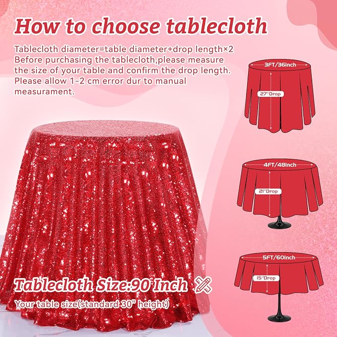 B-COOL Sequin Tablecloth Red Party Decorations: Round Tablecloth Overlay 90 Inch Sparkle Fabric for Birthday Beach Parties Christmas Table Decor