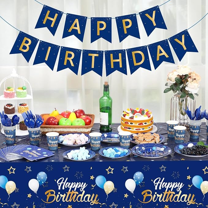 Pajean Blue and Gold Happy Birthday Party Tableware Set Navy Blue Birthday Decoration for Men Banner and Tablecloths Plates Cups Napkins Dinnerware for 24 Guests Party Supplies
