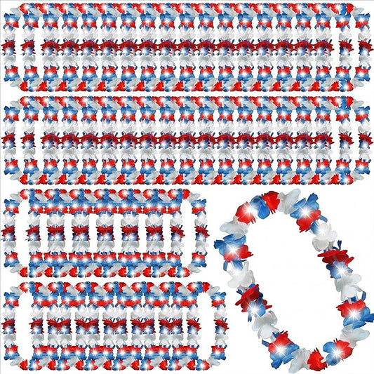 Sherr 48 Pcs Patriotic LED Hawaiian Leis 250th Anniversary Light up Leis Bulk 4th of July Luau Flowers Necklaces Garland Wreath for Independence Day Memorial Day Party Favor Supplies(Red White Blue)