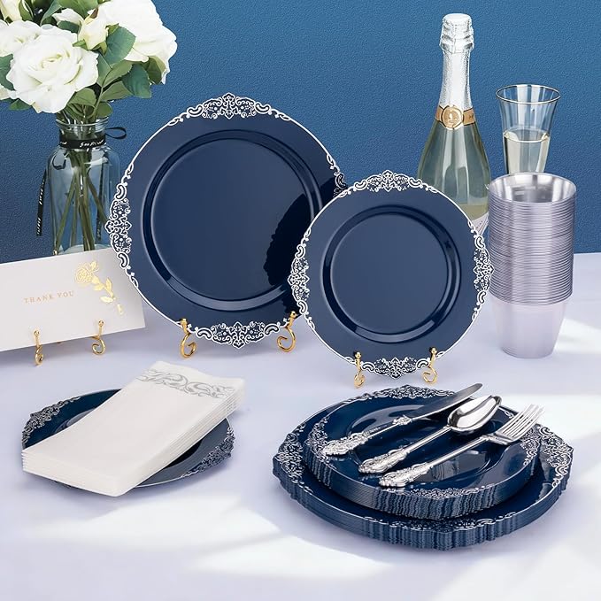 Bestluck 175PCS Navy Blue Plastic Plates for 25 Guests, Disposable Plates with Silver Trim include 25 Dinner and Dessert Plates, 75 Gold Silverware, 25 Cups, 25 Napkins for Party, Wedding & Graduation