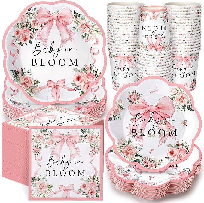 Newtay 250 Pcs Baby in Bloom Baby Shower Party Decorations Pink Bow Flower Disposable Plates and Napkins Birthday Tableware for 50 Guests Paper Plates Napkins Cups for Party Supplies