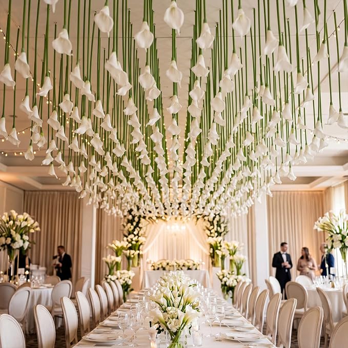 Lyrow 120 Pack Classic White Calla Lily Artificial Flower, Faux Calla Lily Hanging Flower, Ceiling Floating Garland Fake Floral Ornament for Wedding Arch Table Decor DIY Bouquet Bride Shower Tall Vase