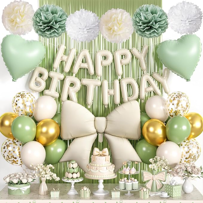 Sage Green Bow Birthday Decorations, Happy Birthday Balloon Banner with Bow and Heart Foil Balloons Fringe Curtain Tissue Paper Pompoms Garland Party Supplies for Women Girls Boys