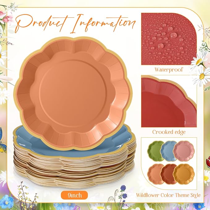 72 Pcs Wildflower Color Paper Plates 9 Inch Green Blue Orange Gradient Scalloped Paper Disposable Dinner Dessert Plates for Birthday Wedding Bridal Party Supplies, 6 Colors