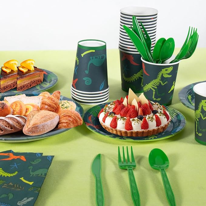 Cecnamt Dinosaur Birthday Decorations, 170 Pcs Dinosaur Party Supplies Including Banner, Plates, Cups, Napkins, Cutlery and Tablecloths, Serves 24