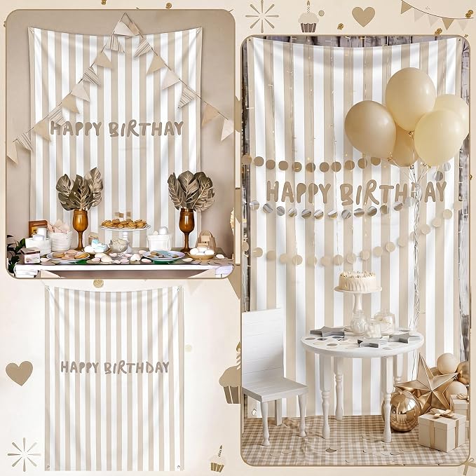 Flutesan 7x5ft Beige Stripe Happy Birthday Backdrop Large Banner Fabric Tapestry Birthday Party Decoration Baby Shower Linen Rustic Background Wall Photo Props Indoor Outdoor