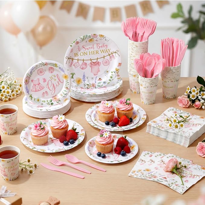 400 Pcs Pink Wildflower Girl Baby Shower Party Decoration for 50, Baby in Bloom Paper Plates Napkins and Cups Cutlery Floral Tableware Set for a Sweet Babys Is on Her Way Party Supplies