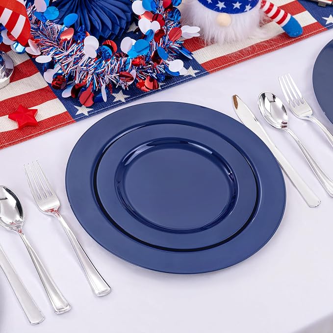 FLOWERCAT 60PCS Blue Plastic Plates - Heavy Duty Blue Plates Disposable (10.25" & 7.5") - serve for 30guest Birthday Party/Wedding/4th of July