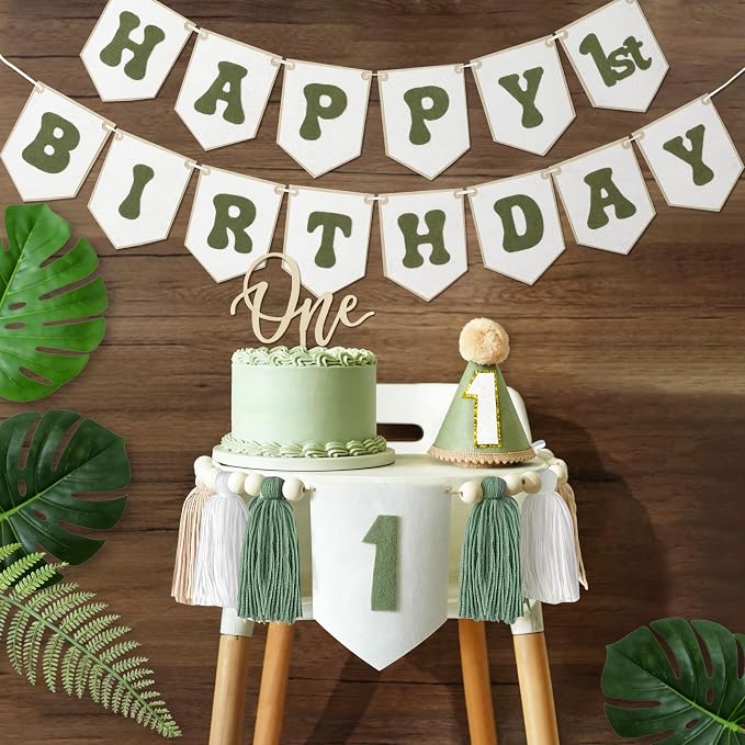 THAWAY 1st Birthday Decorations Boy, White Green First Birthday Becorations for Boy with Banner, Tassel Wood Bead High Chair Banner, Hat and Wood Cake Topper for One Year Old Party Decor