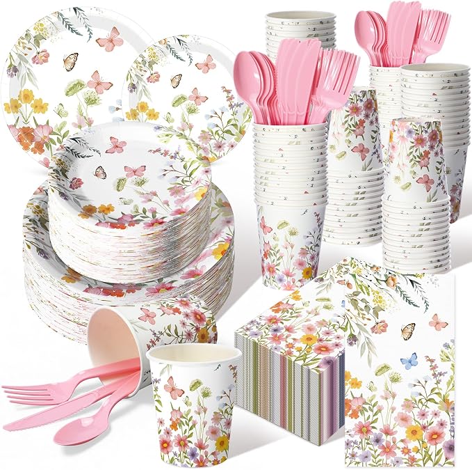 Sinmoe 400 Pcs Pink Floral Plates and Napkins Set Paper Spring Butterfly Wildflower Dinnerware Disposable Party Supplies for 50 Guest Flower Dinnerware Knife Fork Spoon for Spring Birthday Baby Shower