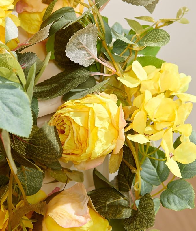 PONKING Flower Garland Artificial Rose & Hydrangea Vine Hanging Fake Flowers Vines for Wedding Birthday Party Valentines Christmas Room Wall Arch Decor, 1 Rose & 1 Hydrangea Yellow Floral Garland