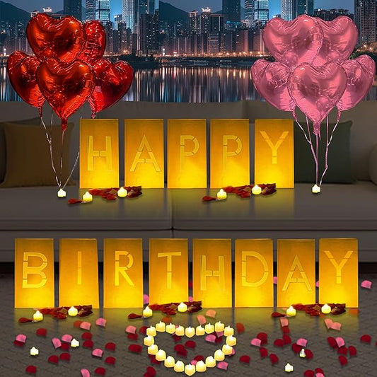 Happy Birthday Lighted Letters Sign 13pcs Luminary Paper Bags 48pcs Flameless LED Candle Tealight 2000pcs Red Pink Rose Petals 15pcs Heart Balloons Romantic Night Valentine's Day Decorations