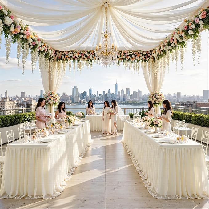 leegleri 2 pk 6ft Champagne Tulle Tablecloth for Rectangle Tables, 2-in-1 Table Covers with Tulle Skirt,Wrinkle Free Stretchy Ruffle Tulle Table Cloths Fitted for Wedding Party Banquet Vendor