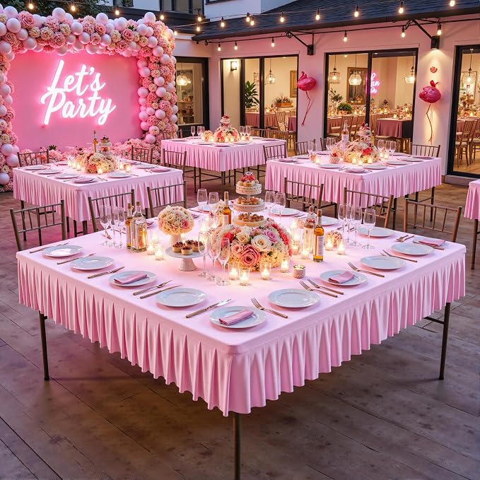 Wish Care Pink Spandex Tablecloths for 60x60 Inch Square Tables, Stretch Fitted Table Clothes with Pleated Ruffle Skirt for 60” Table, Wrinkle Free and Elastic, for Party Kitchen Home Dining