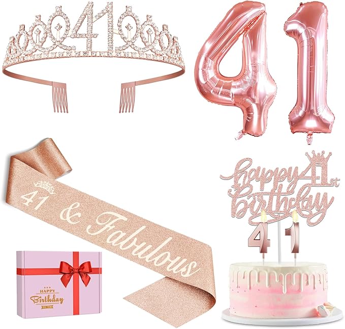 41st Birthday Decorations for Women, Include 41st Birthday Sash and Tiara, Cake Topper and Candles, Number Balloons, 41 Year Old Gifts for Women