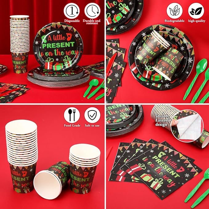 168 Pcs A Little Present Is on the Way Christmas Baby Shower Party Supplies Green Red Tableware Set Disposable Paper Plates Cups Utensils for Christmas Baby Shower Birthday Party serve 24