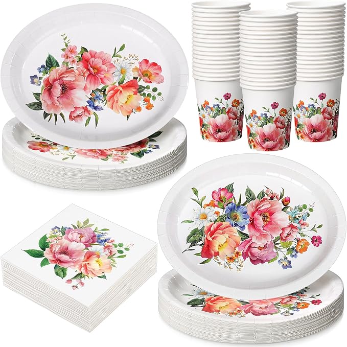 Vesici 150 Pcs Floral Oval Paper Plate and Napkin Set 10'' x 12'' Large Wildflower Tableware Spring Flower Heavy Duty Disposable Plate Napkin Cup for Wedding Birthday Mother's Day Party Supplies Decor