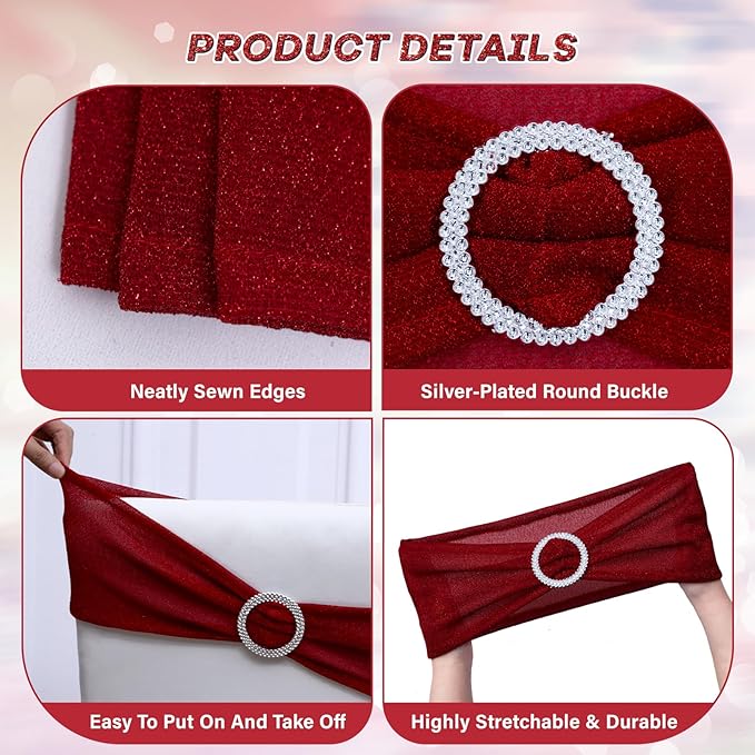 SquarePie Pack of 50 Red Chair Sashes Bows with Buckle Slider Universal Elastic Spandex Bands Ties for Banquet Event Decor