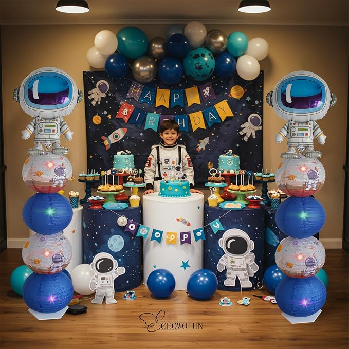 Astronaut Balloons Column Stand Kit And Paper Lantern 2 Sets 5.9 Feet with Reusable Metal Telescopic Design， For Outer Space Themed Parties, Birthday