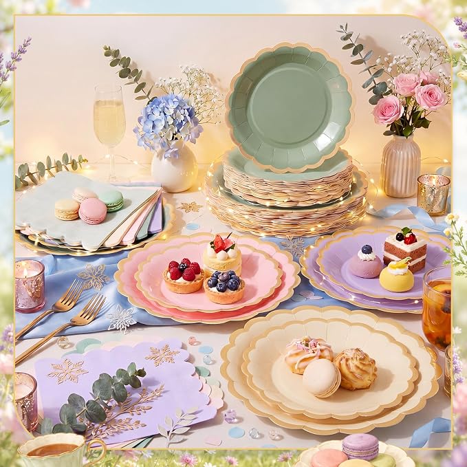 Zhehao 150 Pcs Fairy First Birthday Decorations Pink Green Purple Plates and Napkins Tableware Serves 50 Include 9 Inch 7 Inch Scalloped Wave Edges Paper Plate and Napkin for Wedding Baby Shower Party
