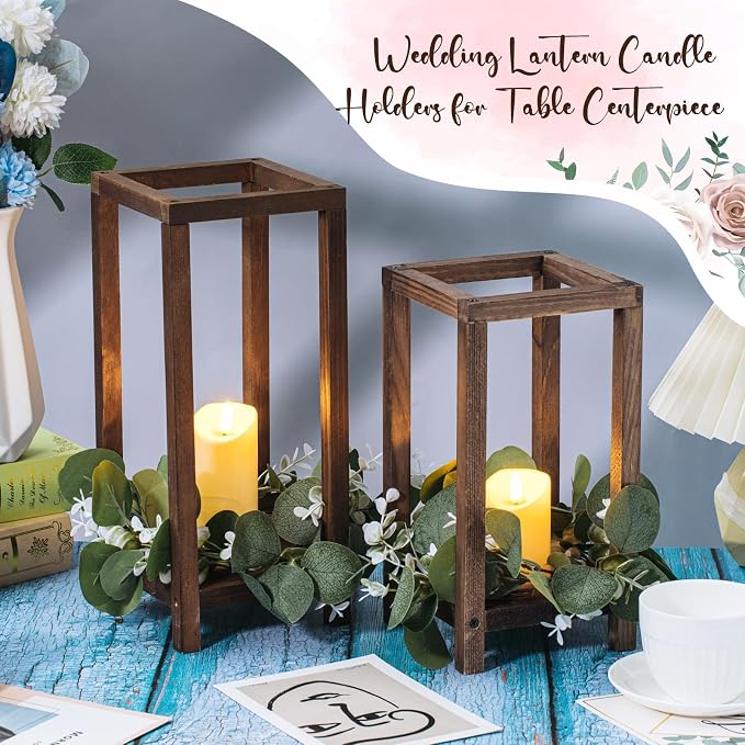 Geelin 10 Pcs Wooden Wedding Lantern Centerpiece Candle Lantern Table Wooden Candle Holder Decorative for Wedding Party Table Valentine Decor(10.59 in, 13 in,Brown)
