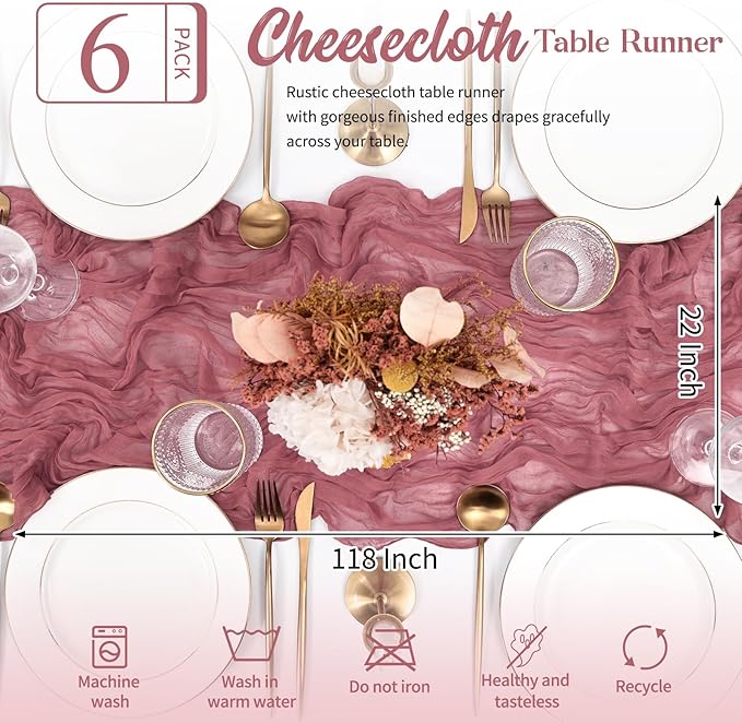 6 Pack Dusty Rose Table Runner 10FT Long Cheesecloth Table Runner Cheese Cloth Gauze for Wedding Party Birthday Decoration-Dusty Rose