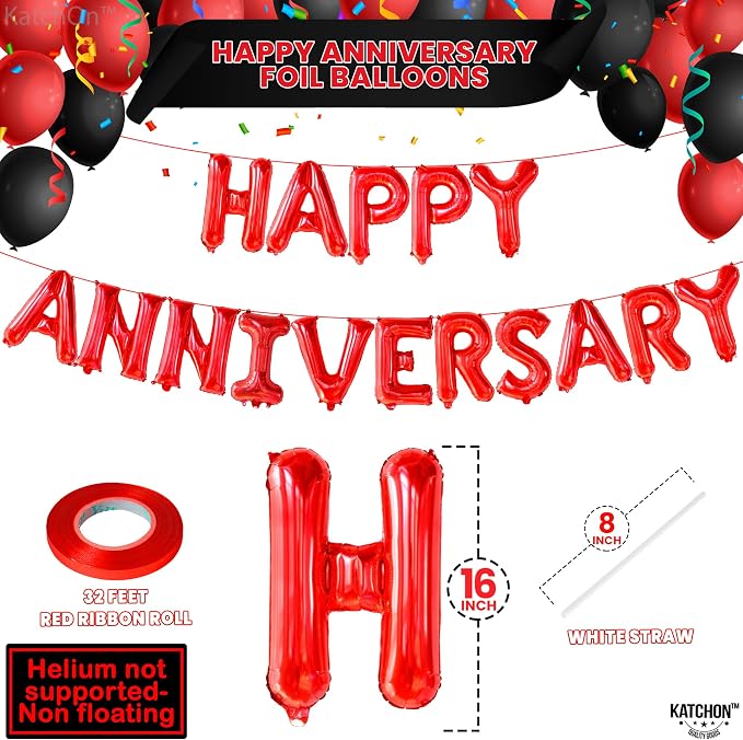 KatchOn, Red Happy Anniversary Balloons Letters - 16 Inch | Happy Anniversary Banner for Happy Anniversary Decorations | 000 Pcs Artificial Red Rose Petals - Silk