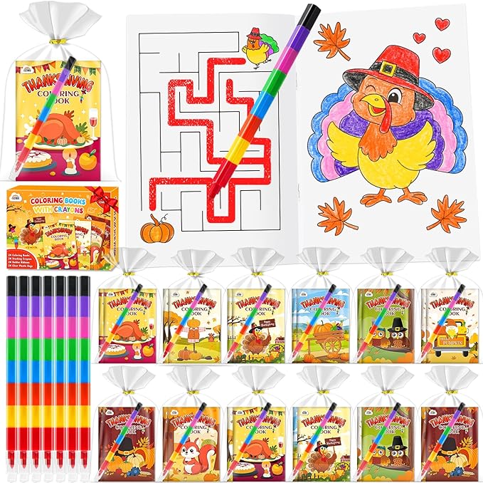 ZMLM 24 Pack Thanksgiving Coloring Books for Kids with Crayons,Party Favors for Kids 4-8, Goodie Bags Stuffers for Toddlers, Classroom Prizes Birthday Return Gifts (Thanksgiving)