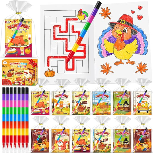 ZMLM 24 Pack Thanksgiving Coloring Books for Kids with Crayons,Party Favors for Kids 4-8, Goodie Bags Stuffers for Toddlers, Classroom Prizes Birthday Return Gifts (Thanksgiving)