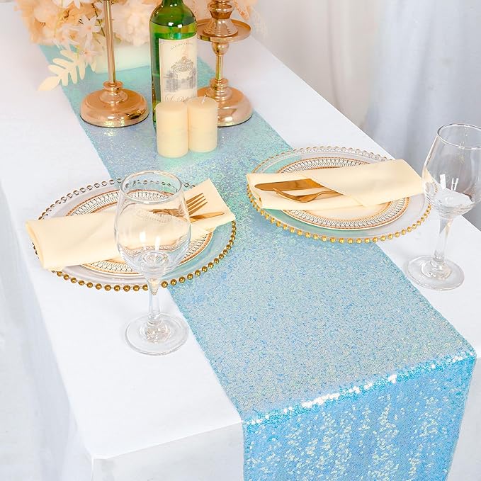 ShinyBeauty 2PC Iridescent Aqua Sequin Table Runners, 12"x108" for Rectangle Tables, Mermaid Theme, Wedding & Party Decor (Iridescent Blue)