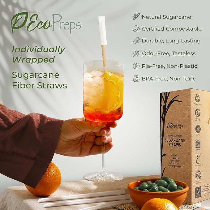 EcoPreps Biodegradable Sugarcane Straws, Plastic-Free Individually Wrapped Straws | 100 Count, 100% Compostable, Eco-Friendly Drinking Straw | 7.8” Sugar Fiber Disposable Straw, Packed in Paper Wrap