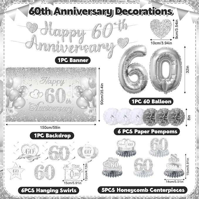 Silver 60th Wedding Anniversary Decorations Banner, 60th Anniversary Table Centerpieces Hanging Swirls Tissue Pompoms Foil Balloon for 60 Years Silver Wedding Party Decoration Supplies