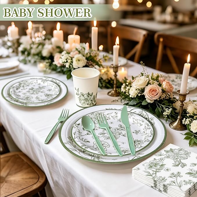 400 Pcs Disposable Sage Green Floral Tableware Set for 50 Guests | Heavy-Duty 7" & 9" Paper Plates, Cups, 13" Napkins & Plastic Cutlery for Bridal Baby Shower and Tea Party Supplies