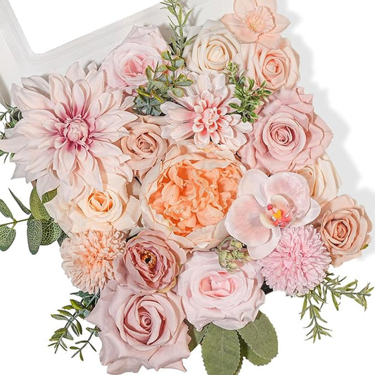 TINGE TIME Rose Artificial Flowers Combo, Blush Pink Flowers Fake Foam Peony Dahlia with Stems for DIY Wedding Bouquets Baby Shower Party Table Centerpieces Home Decorations