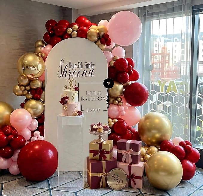 Burgundy Pink Balloon Arch Kit, Double Stuffed Ruby Red Pearl Pink Gold Balloon Garland Wine Red Maroon Balloons for Mother's Day Wedding Engagement Bridal Shower Birthday Graduation Party Decor