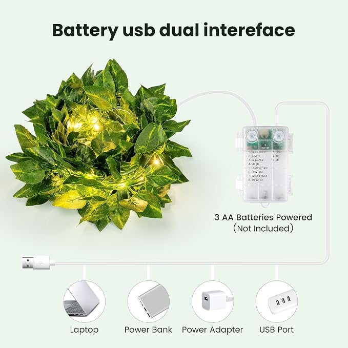 HEYFUNi 23ft Pre-Wrapped Pothos Vine with Fairy Lights USB Battery Operated | 73 LEDs Artificial Greenery Garland with Timer, Leaves Lights for Bedroom, Dorm Room, Wall Decor, Boho Room Decor, Warm White