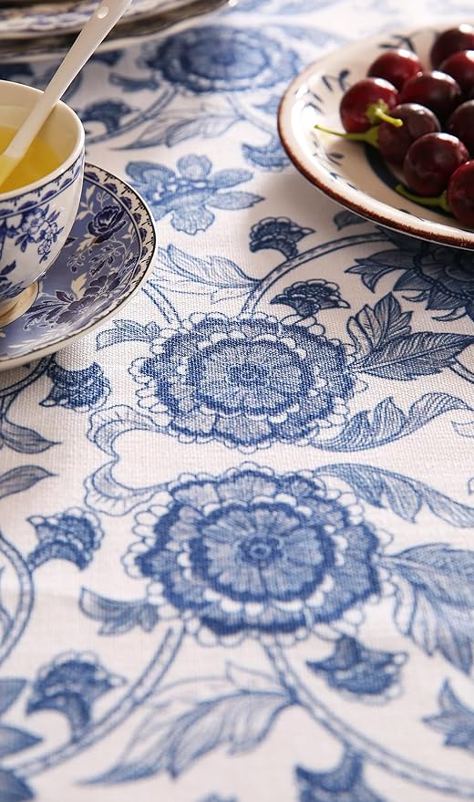 patdrea Elegant French Linen Tablecloth,Square,67"x67"-Lantang A | Vintage Elegant Table Cloth for Square Table,Blue and White Floral Print,for Dining Room Tea Party Thanksgiving