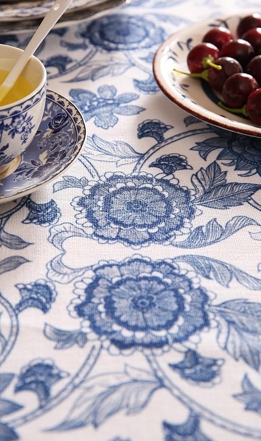 patdrea Elegant French Linen Tablecloth,Rectangular,110"x63"-Lantang A | Vintage Elegant Table Cloth for Rectangle Table,Blue and White Floral Print,for Dining Room Tea Party Thanksgiving