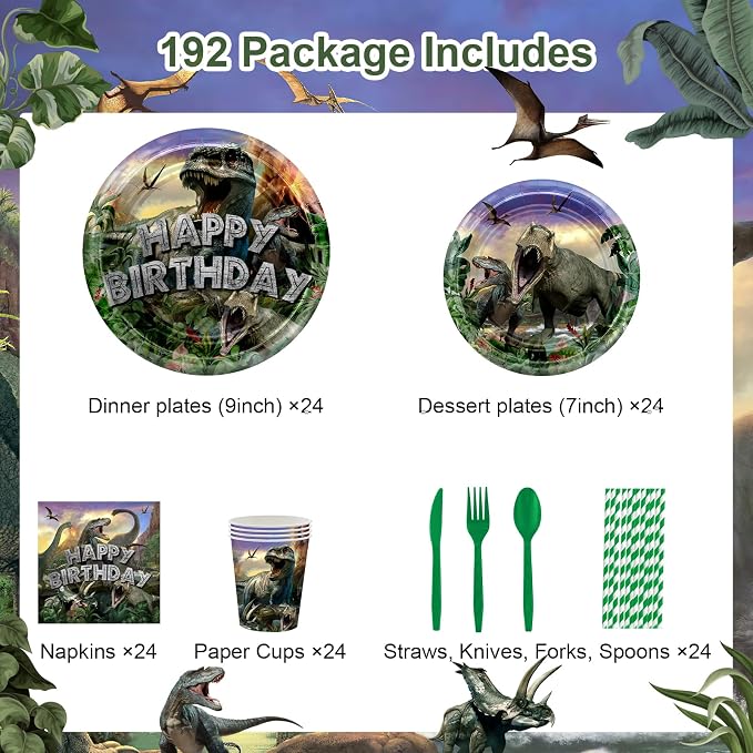 Avezano 192 Pcs Dinosaur Birthday Party Supplies Jurassic Dinosaur Plates and Napkins for Birthday Party Dinosaur Theme Birthday Party Decoration for Kids Serves 24