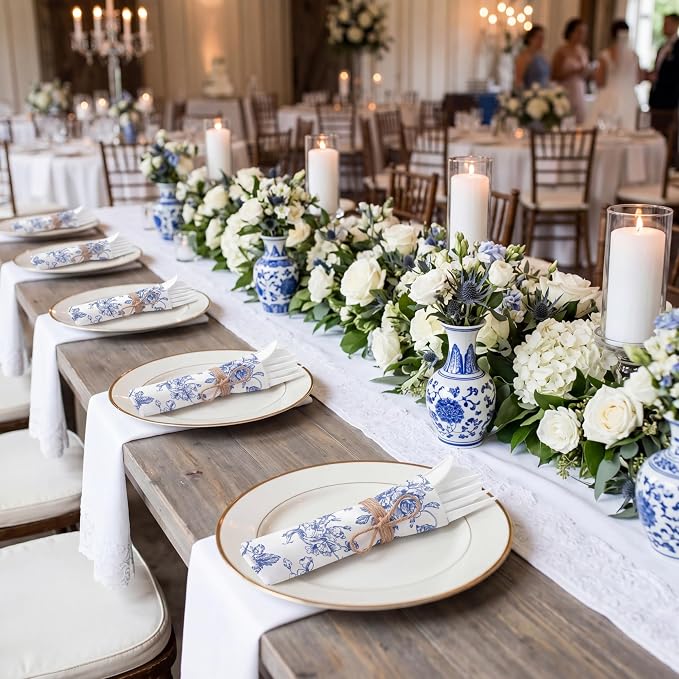 400 Pcs Something Blue Before I Do Blue Floral Wedding Supplies Biodegradable Disposable Tableware for 100 Guests Knives Spoon Fork Floral Paper Napkins for Bridal Shower Bridesmaid Gift
