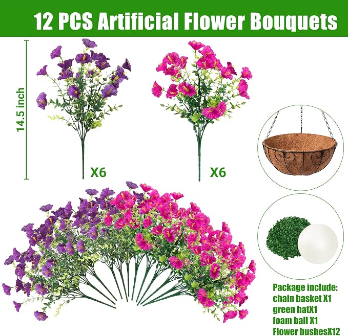 Artificial Flowers for Outdoors with Baskets Hanging Plant Faux Flowers UV Resistant Fake Silk Morning Glory with Eucalyptus for Planter Porch Garden Home Spring Summer Decoration(Fuchsia Purple)