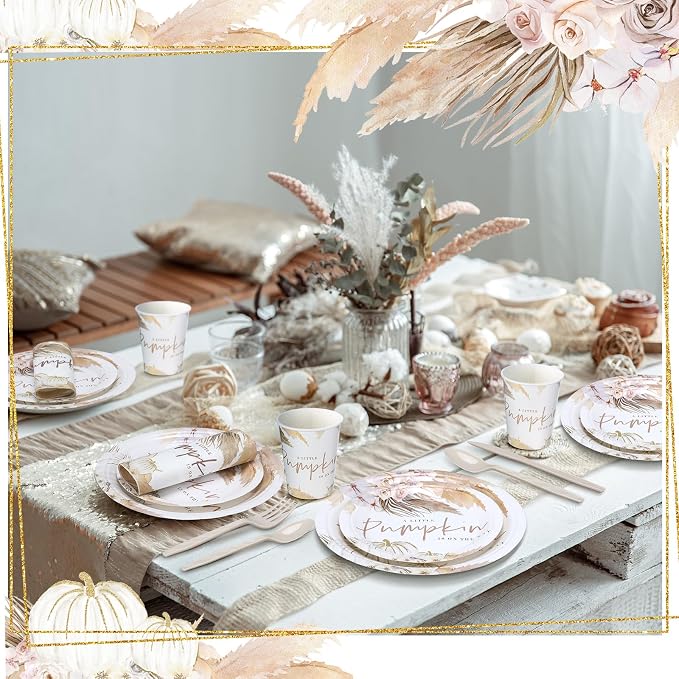 168 Pcs a Sweet Little Pumpkin Is on The Way Baby Shower Decorations Fall Baby Shower Decorations Boho Pink Pumpkin Autumn Party Favors Pampas Grass Floral Disposable Tableware Set Serve 24