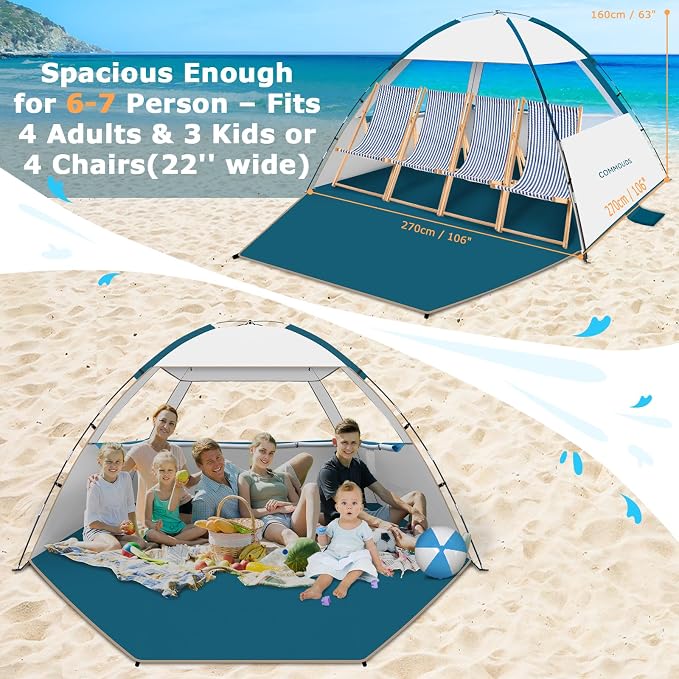 COMMOUDS Beach Tent Sun Shelter for 3/4/6/8 Person, UPF 50+ UV Protection Beach Shade Canopy Tent, Lightweight, Easy Set Up and Carry