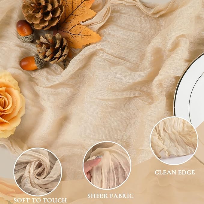 10 Pack Champagne Cheesecloth Table Runner 35x120 Inches, Easter Spring Boho Gold Cheese Cloth Table Runner 10FT Sheer Gauze Runner for Bridal Shower Wedding Baby Shower Party Decor