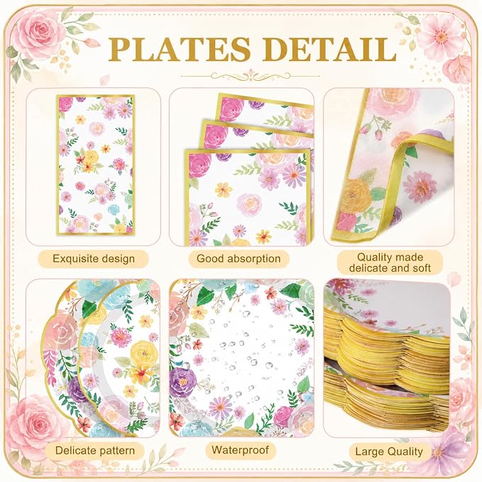 Pickmesh 250 Pcs Garden Blooms Wildflower Disposable Tableware Set Watercolor Floral Paper Plates Napkins and Cups for Wedding Birthday Party Supplies Bridal Baby Shower Engagement, Serve 50 Guest
