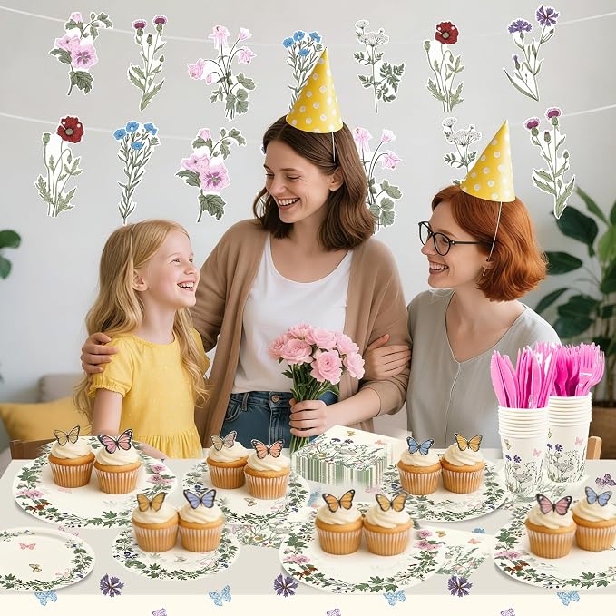 182pcs Wildflower Party Supplies,Disposable Wildflower Paper Plates and Napkins Tableware Set,for Baby Shower, Wedding, Birthday Party Decorations,Serves 30