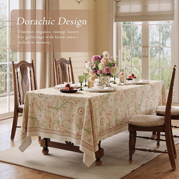 French Thick Linen Tablecloth for Rectangle Tables, Pink Floral Waterproof Wipeable Decorative Table Cover for Dining Kitchen Indoor Outdoor, 55" x 79", 4-6 Seats