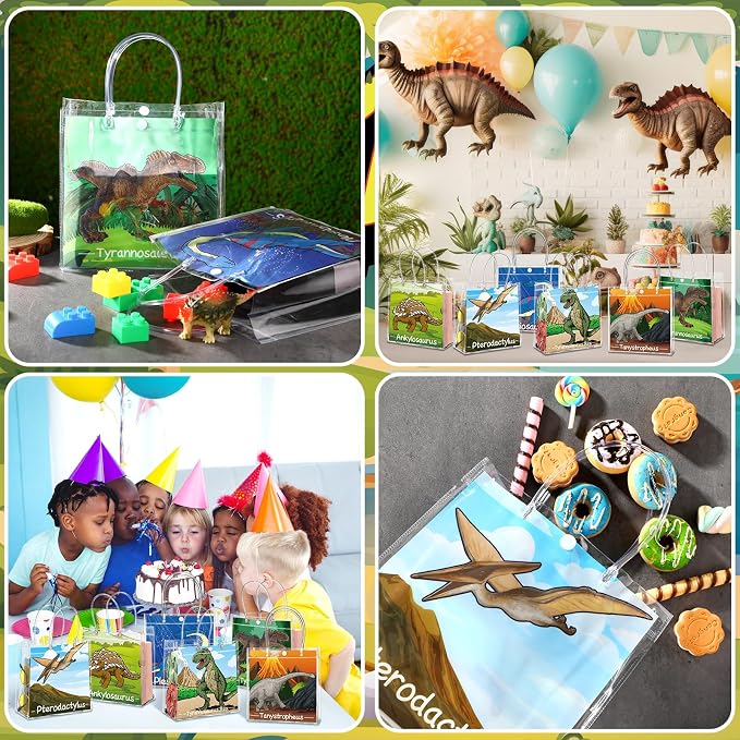 Teenyyou 24 Pcs Dinosaur Clear Gift Bags with Handles Cute Dinosaur Party Favor Candy Snack Treat Bags for Birthday Baby Shower Dino Theme Party Supplies